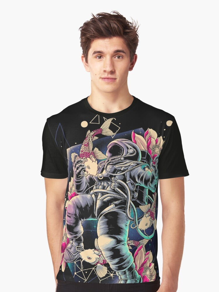 Deep Space Graphic T-Shirt featuring an astronaut, cosmic elements, and geometric designs - Men