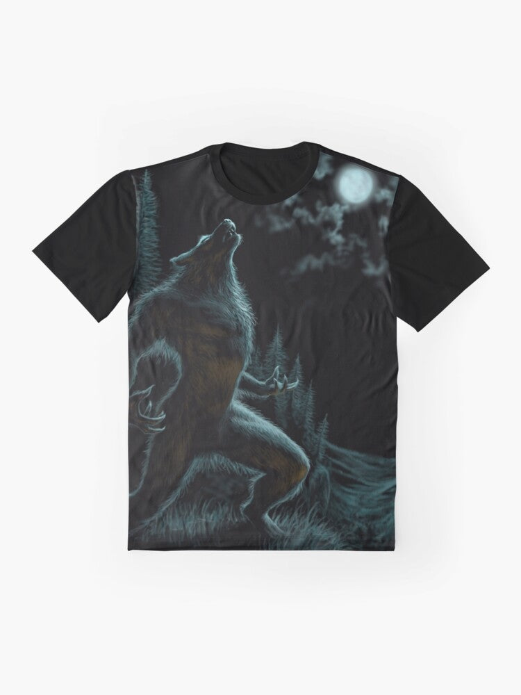 Howling werewolf silhouette under a full moon graphic t-shirt - Flat lay