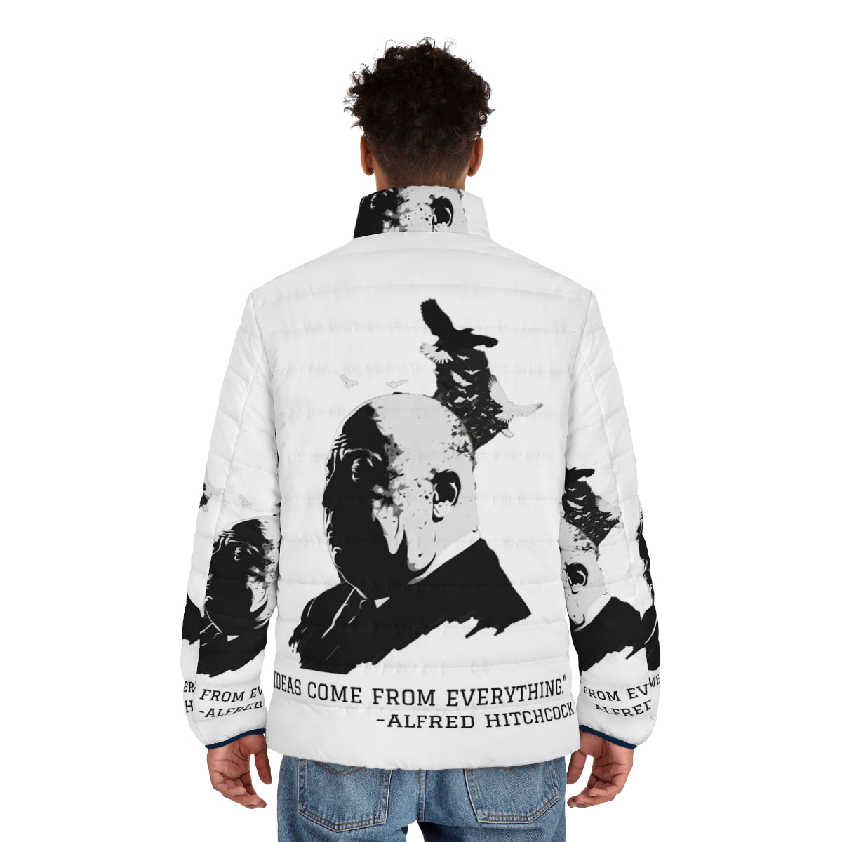 Alfred Hitchcock inspired puffer jacket with iconic illustration graphic - men back