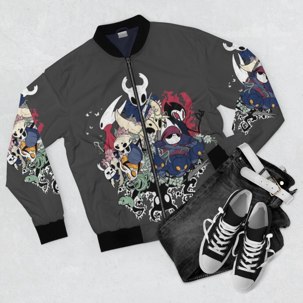 Hollow Knight inspired bomber jacket with video game art design - Flat lay