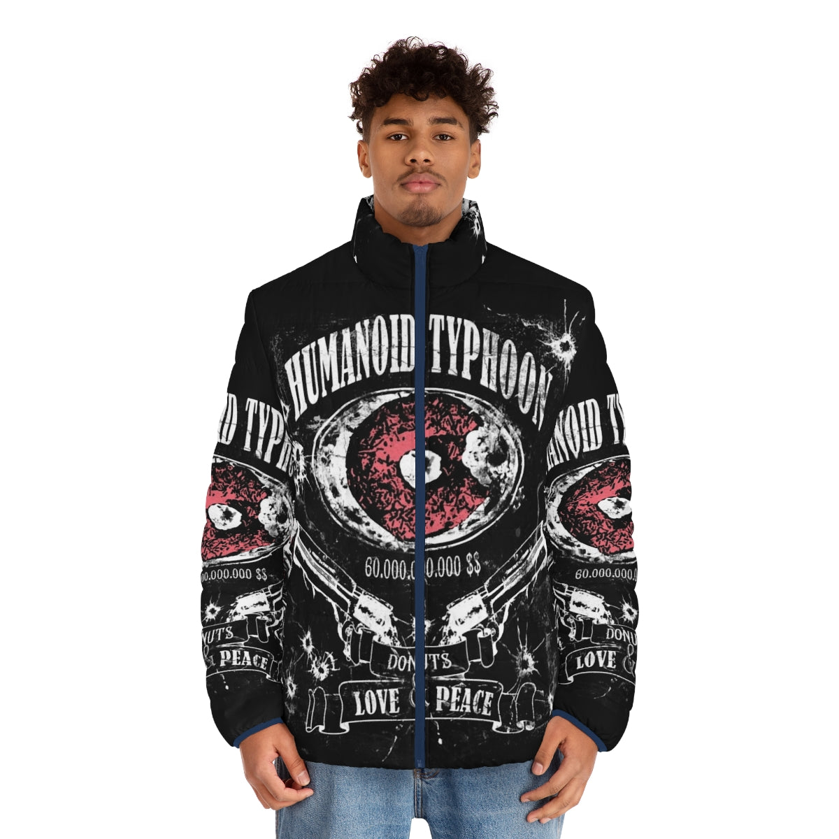 Trigun inspired Humanoid Typhoon puffer jacket with donuts design - men front