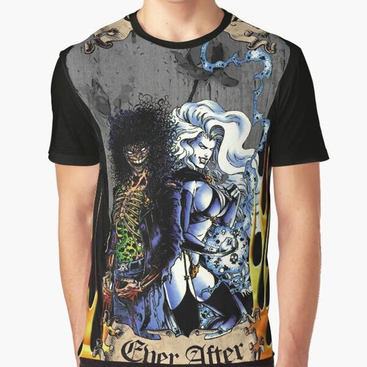 Graphic t-shirt featuring lady death and evil ernie with flames, fire, and a scroll banner