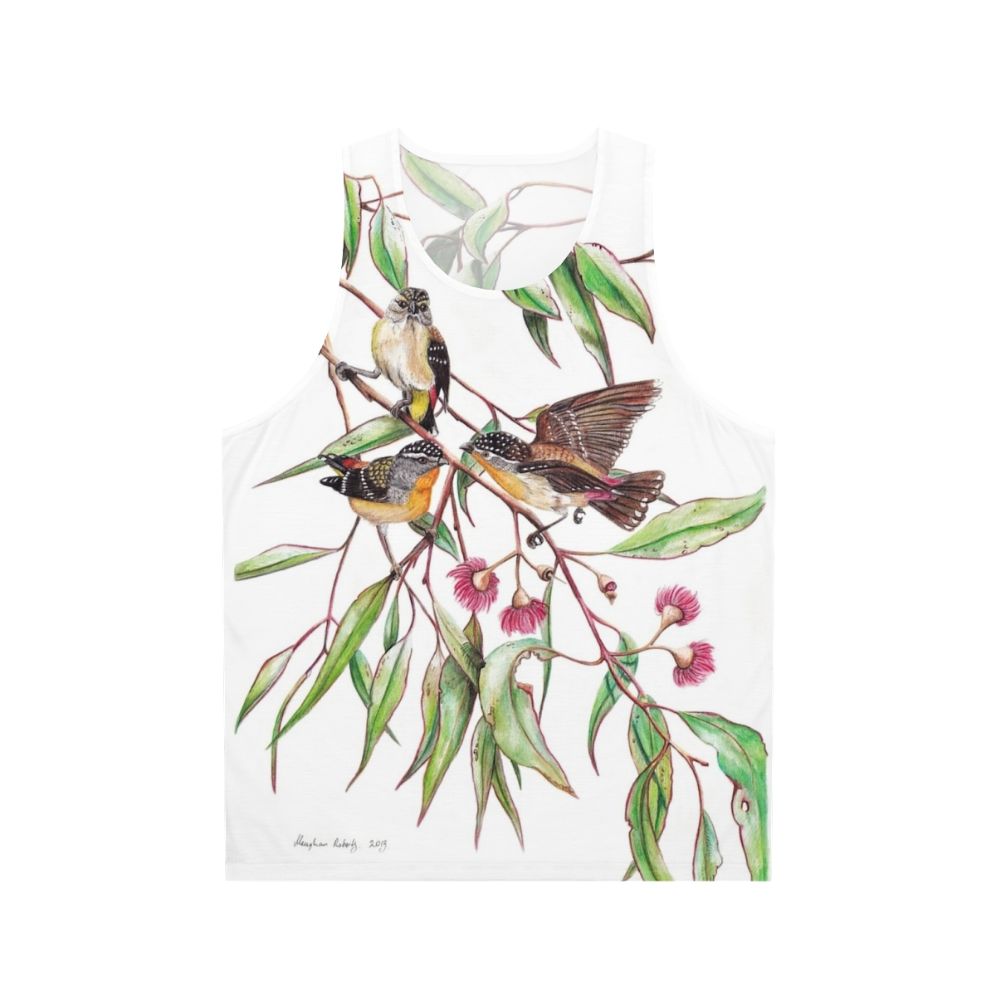 Spotted pardalotes on pink flowering gum unisex tank top