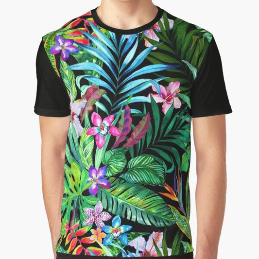 Tropical neon floral graphic t-shirt with a seamless botanical pattern