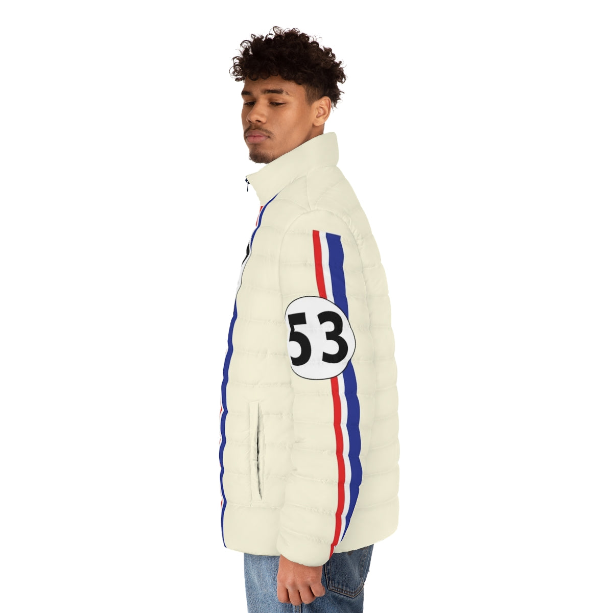 Herbie Number 53 Puffer Jacket with classic racing stripes and number design - men side left