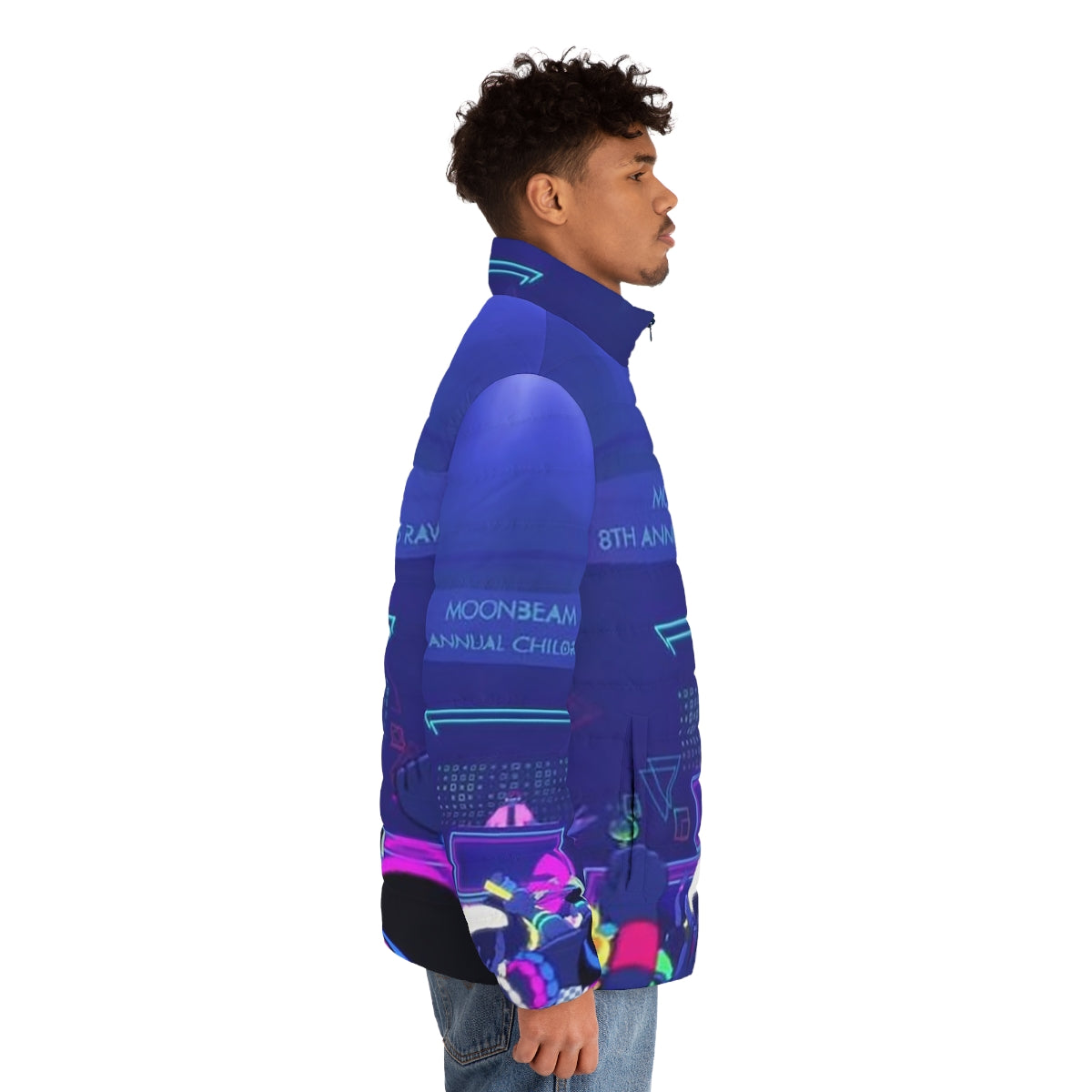 Moonbeam City Children's Rave Puffer Jacket in colorful, dazzling design - men side right