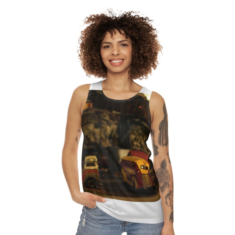 Unisex tank top with parked train design for model train hobbyists - women