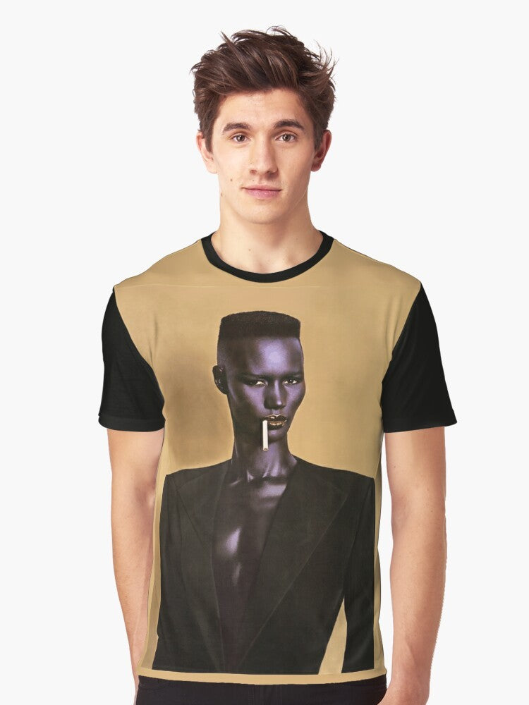 Graphic T-shirt featuring iconic image of Grace Jones, the legendary Jamaican singer and model known for her unique style and music in the 1980s. - Men