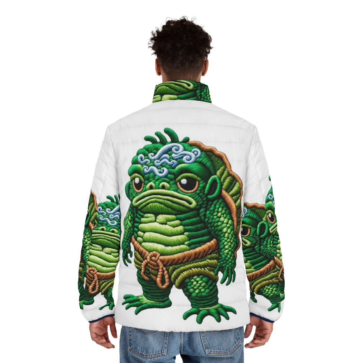 Embroidered puffer jacket featuring the kappa, a legendary Japanese mythical creature - men back