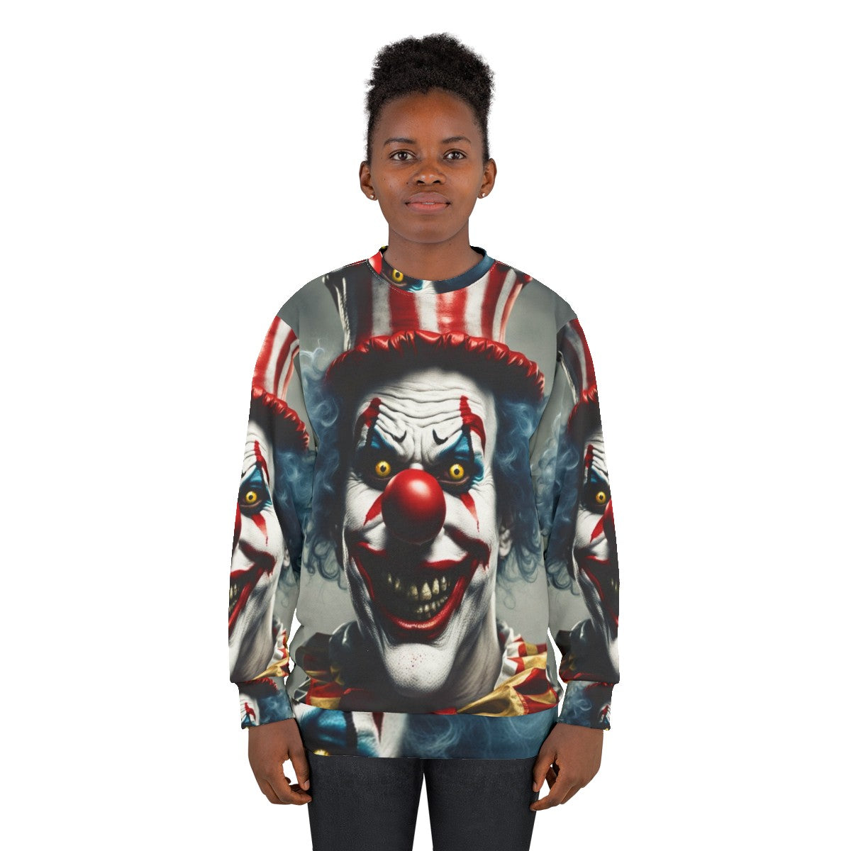 Creepy clown face on a black sweatshirt - women