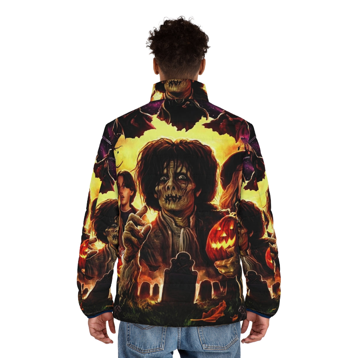 Hocus Pocus-themed puffer jacket with witches, black cats, and other Halloween elements - men back