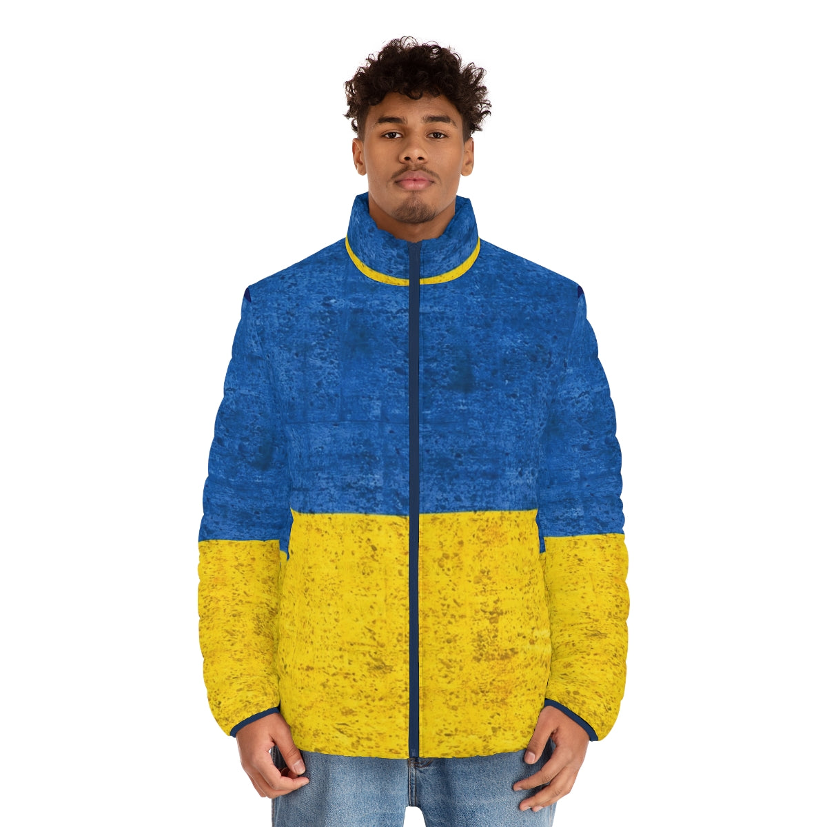 Ukrainian flag puffer jacket with blue and yellow colors - men front