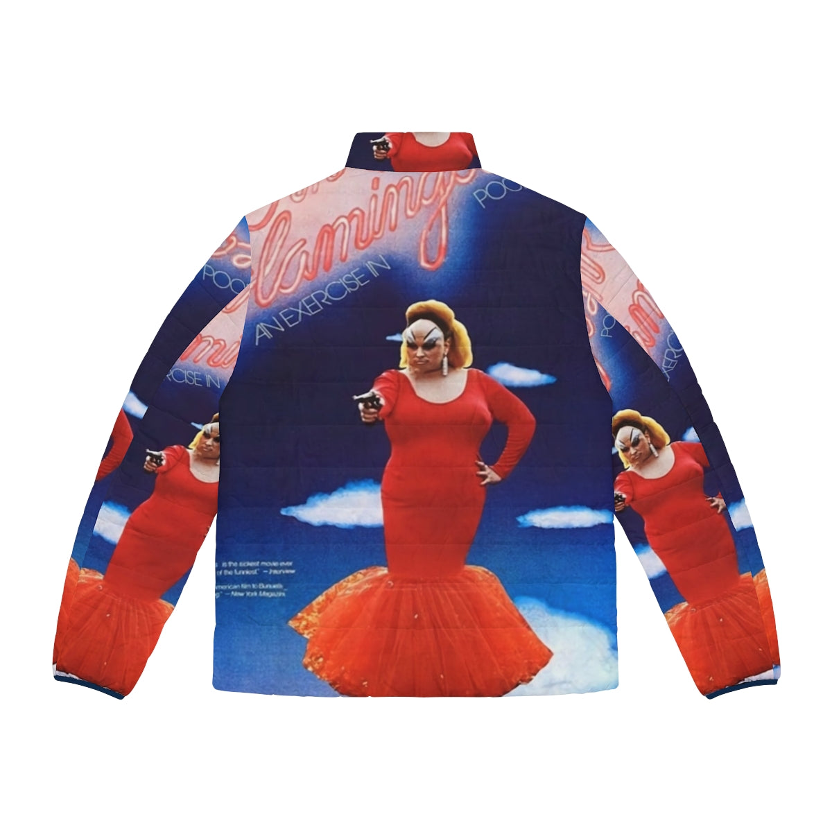 Pink flamingos puffer jacket with John Waters movie meme design - Back