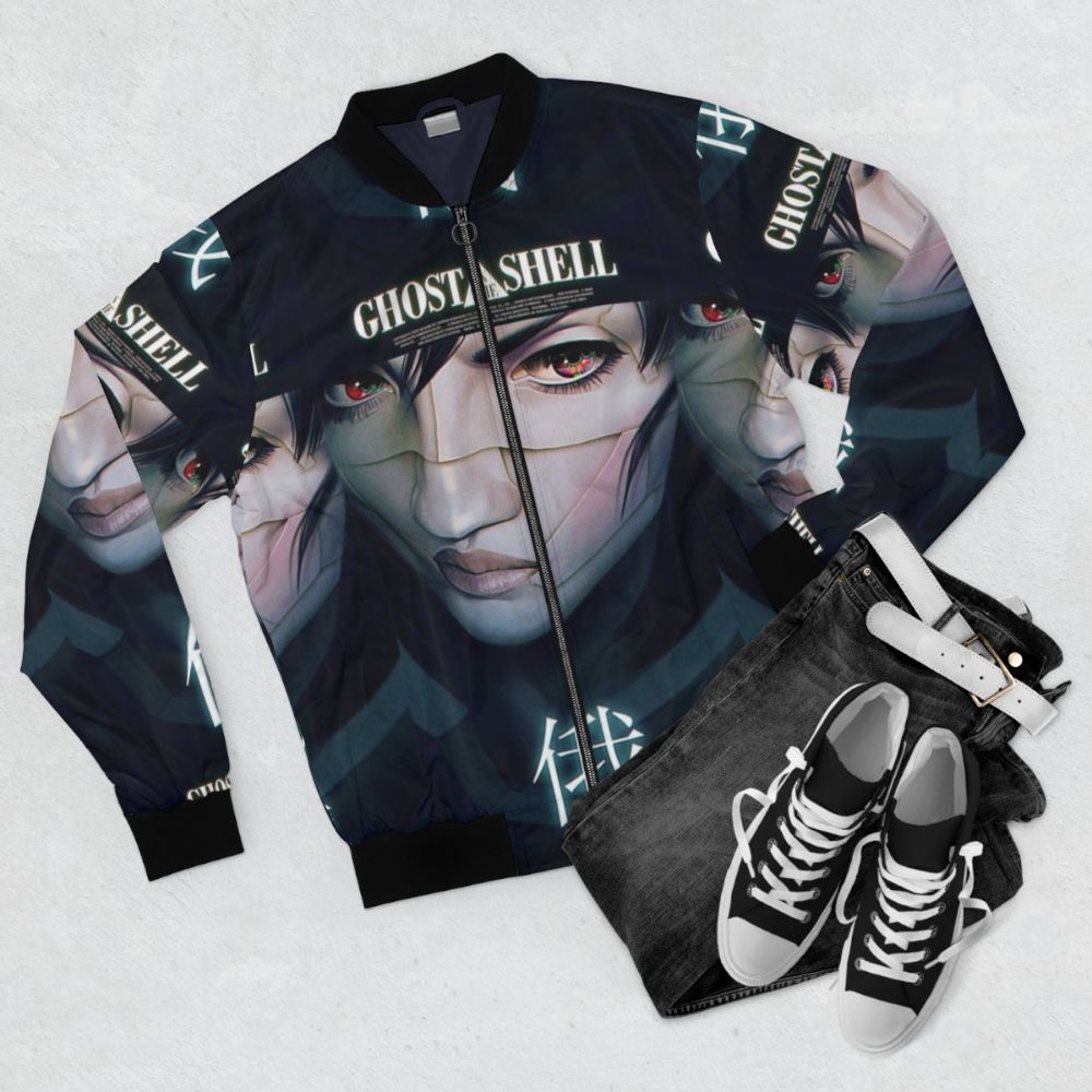 Ghost in the Shell inspired cyberpunk bomber jacket with mecha, robotic, and surreal aesthetic - Flat lay