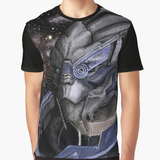 Graphic t-shirt featuring Mass Effect characters Garrus Vakarian and Thane Krios