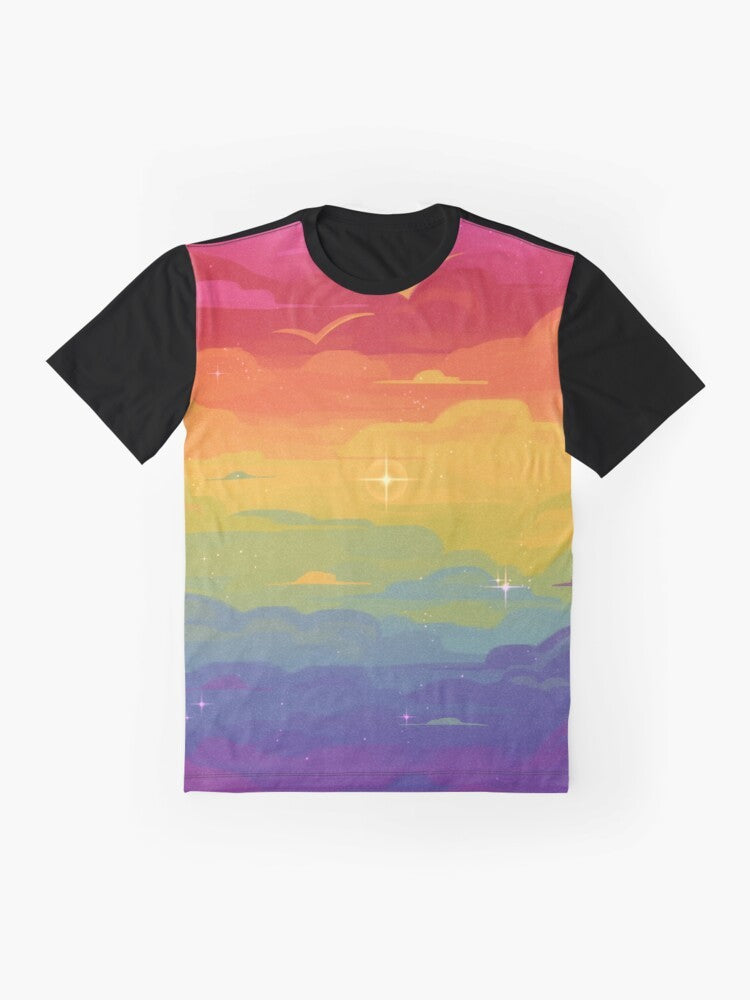 Gay Pride Skies Graphic T-Shirt featuring a colorful rainbow design - Flat lay