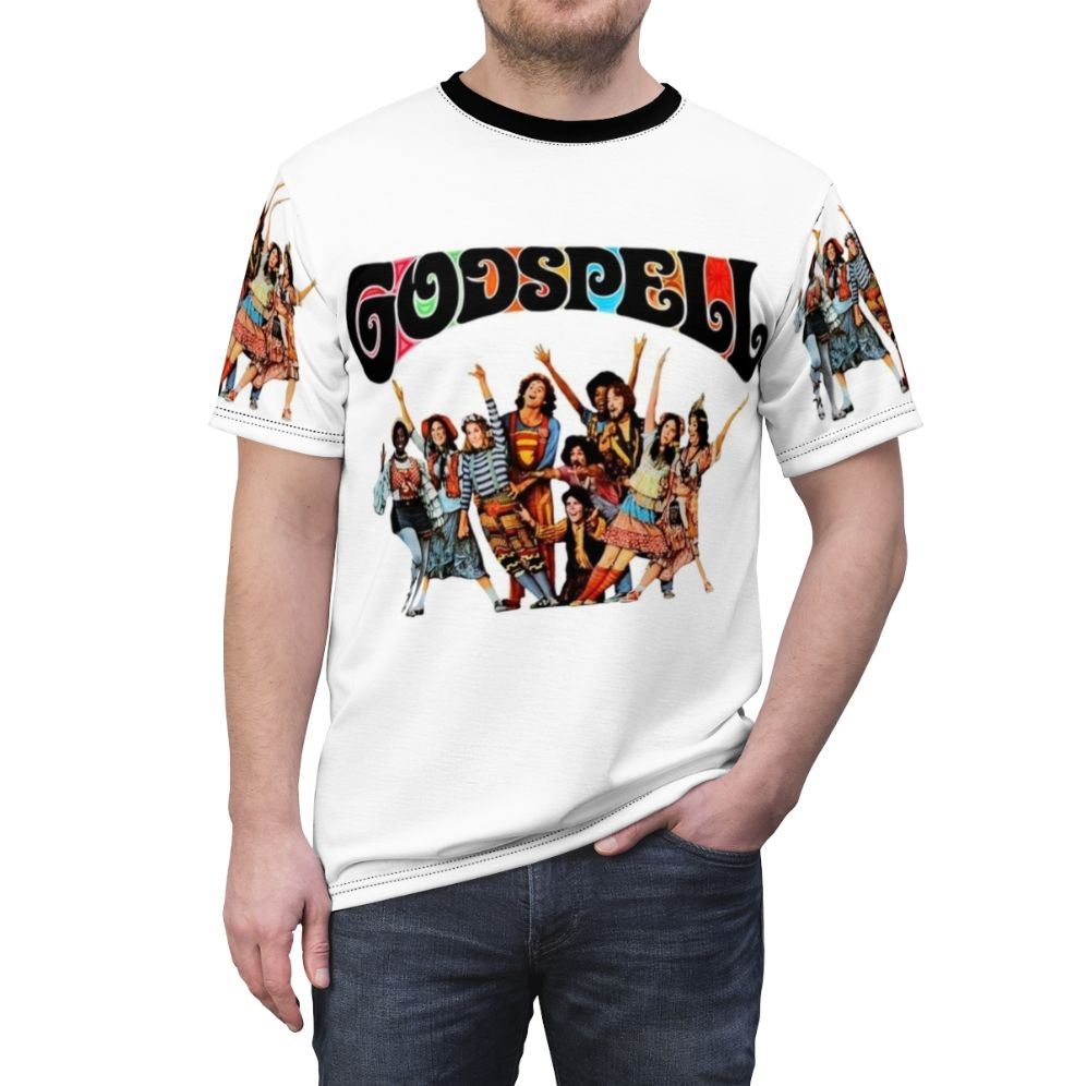 Vintage-style Godspell t-shirt featuring the classic musical's iconic imagery - men front