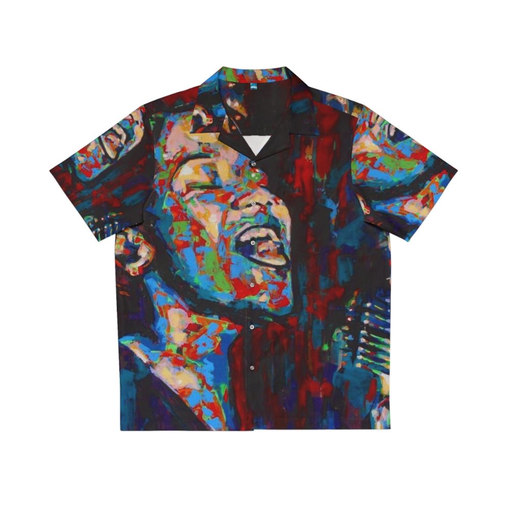 Vintage Hawaiian shirt with a vibrant floral print and an image of jazz icon Ella Fitzgerald