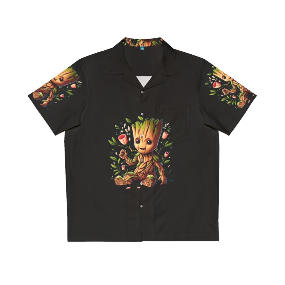 Baby Groot wearing a colorful Hawaiian shirt