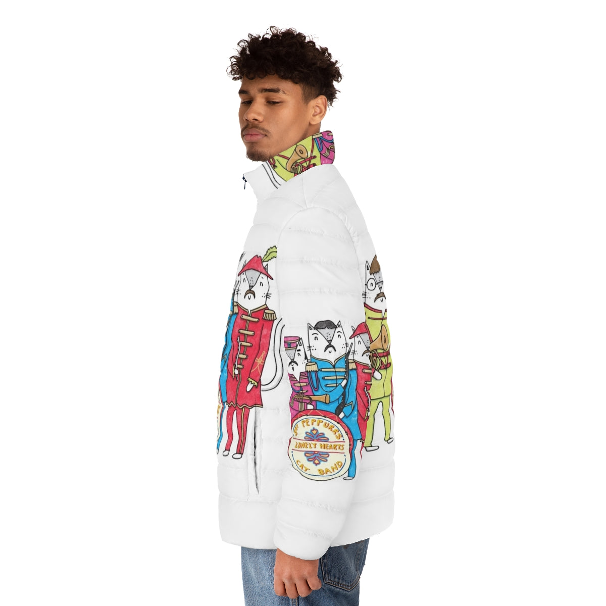 Sgt. Peppurr's Lonely Hearts Cats Band Puffer Jacket featuring a cat in a Beatles-inspired puffer coat - men side left