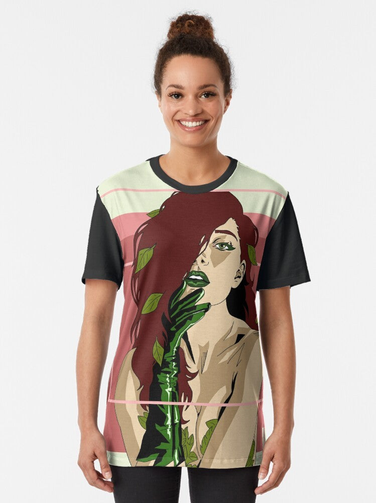 A graphic t-shirt featuring a botanical design of poisonous leaves and plants, with a feminist and eco-friendly message. - Women