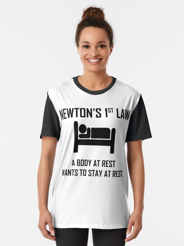 Funny physics t-shirt design featuring an illustration of Isaac Newton and the text "Newton's First Law" - Women