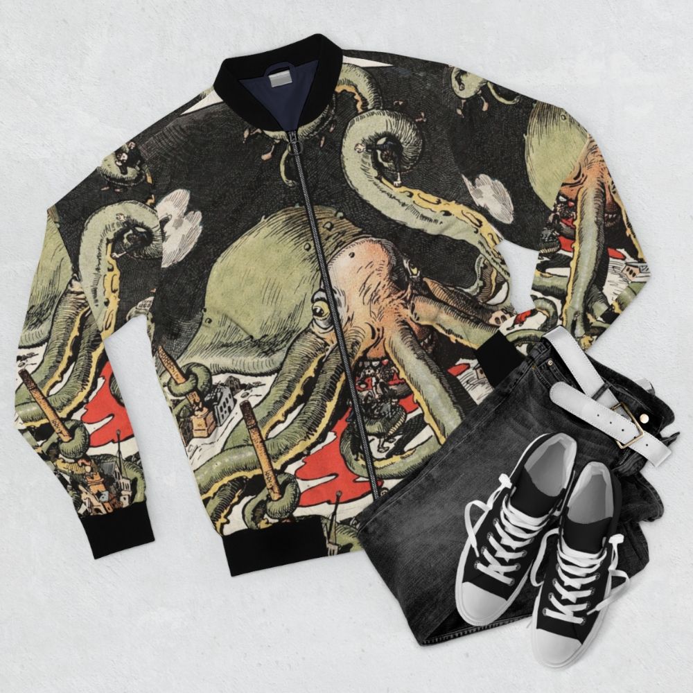 Cthulhu-inspired vintage horror bomber jacket with Lovecraft-style design - Flat lay