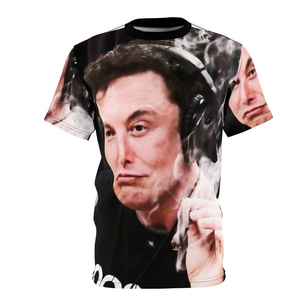 Unofficial Elon Musk inspired t-shirt featuring a meme design of Elon Musk smoking weed