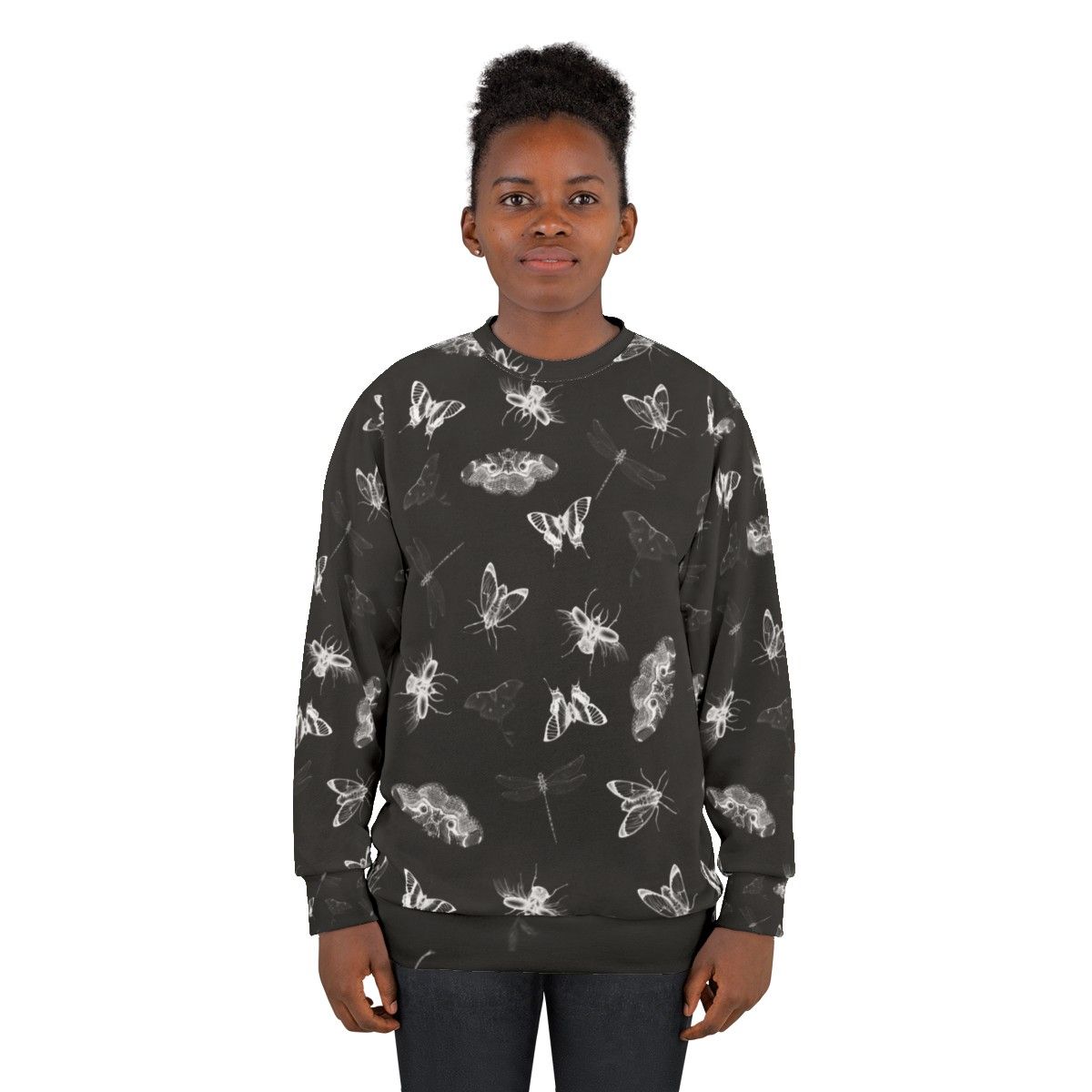 Entomologist Nightmares Sweatshirt featuring a black and white bug pattern design - women