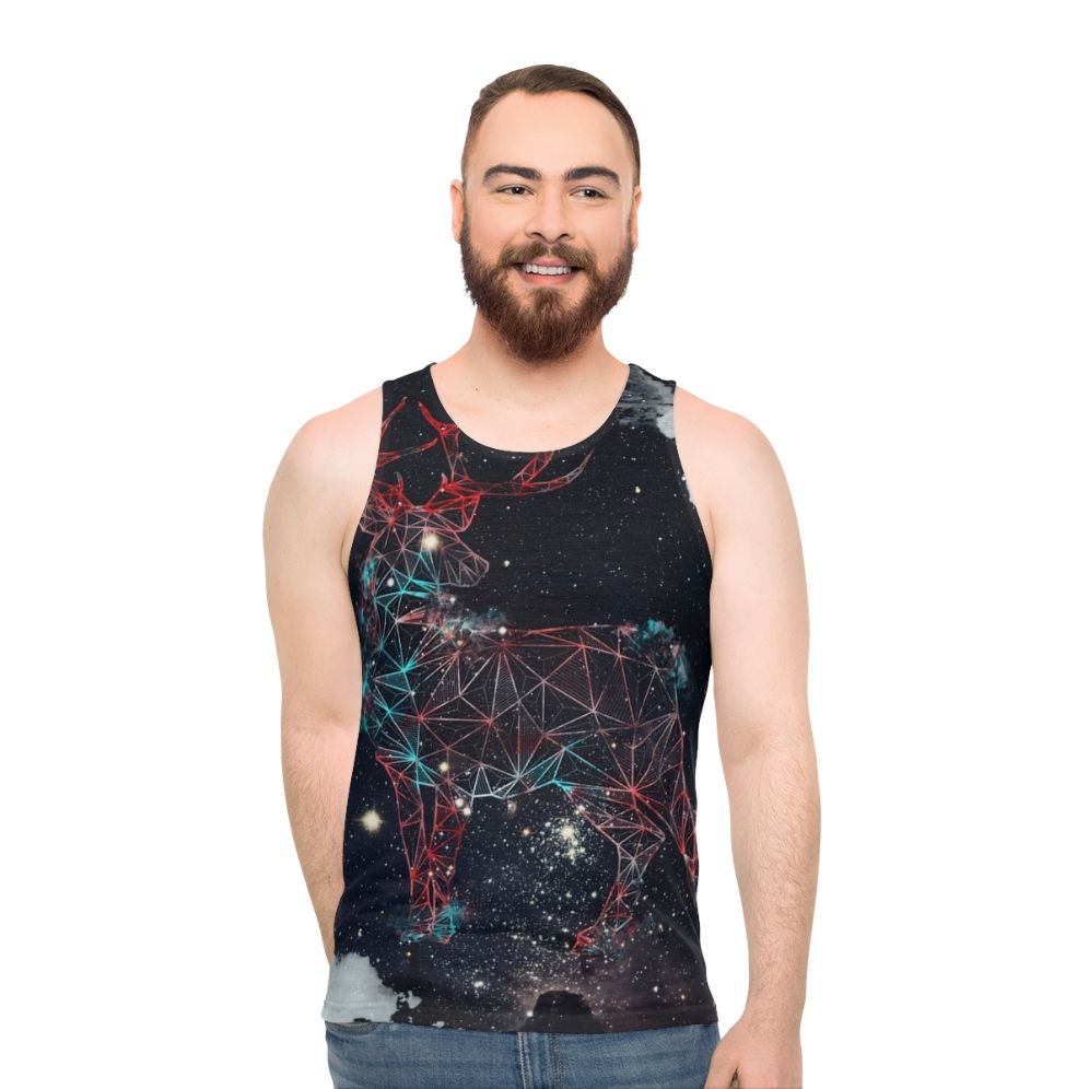 Celestial deer unisex tank top with nature and galaxy graphics - men