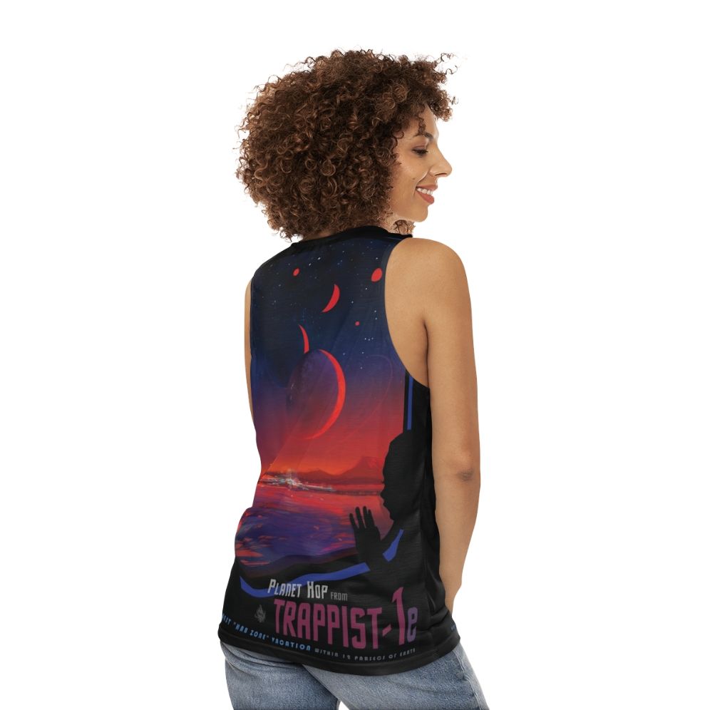 Trappist 1 space travel unisex tank top with vintage NASA and planet design - women back