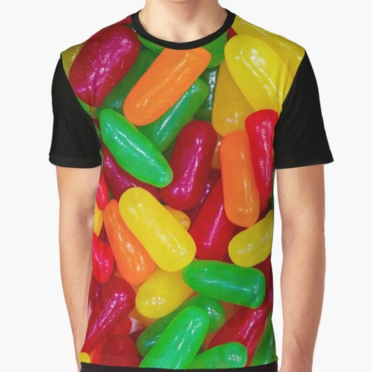 Colorful Mike and Ikes candy graphic on a t-shirt