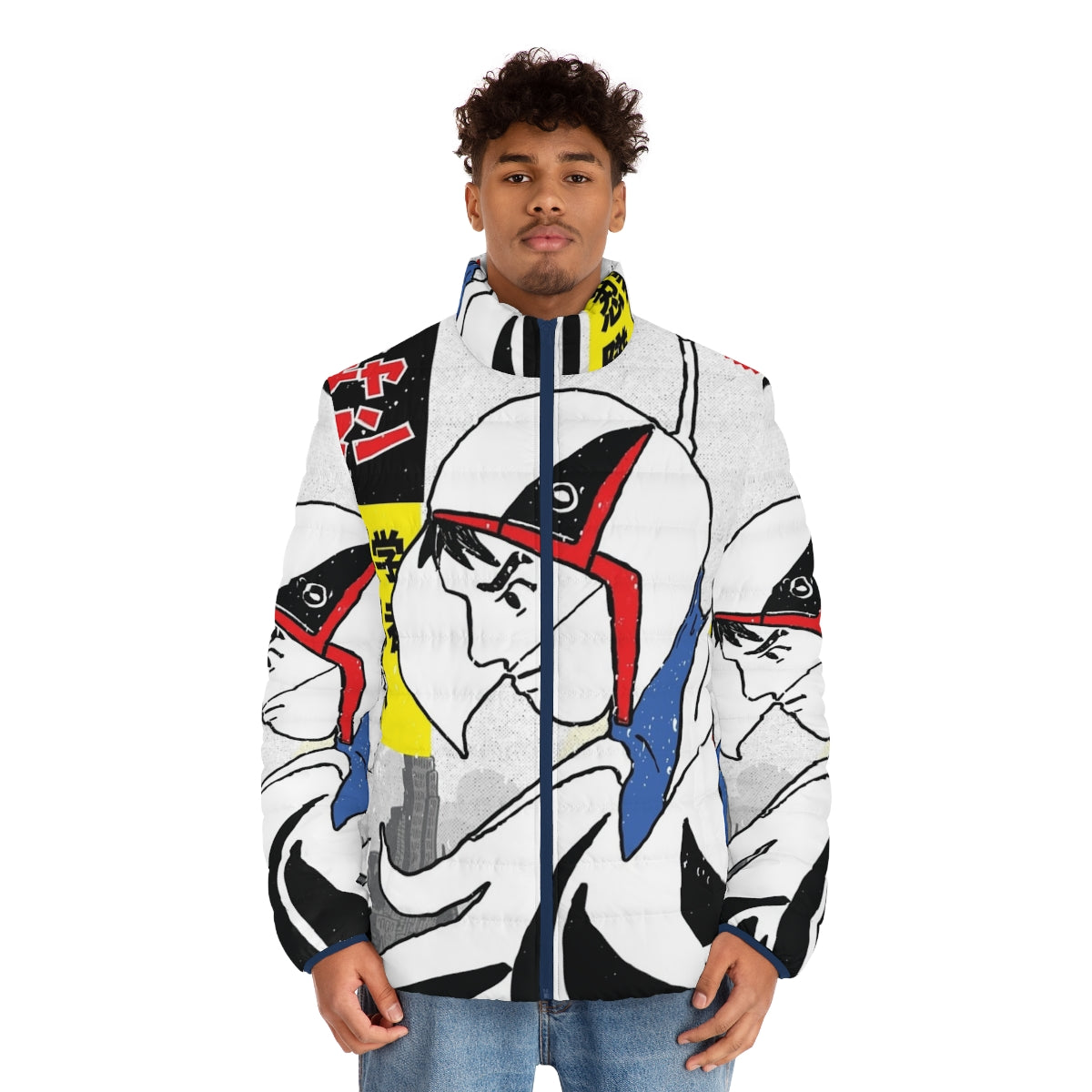 Gatchaman puffer jacket with science fiction and anime design - men front