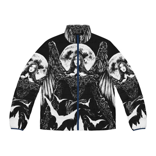 Puffer jacket with gothic and vampire-inspired design, featuring a night sky and bats