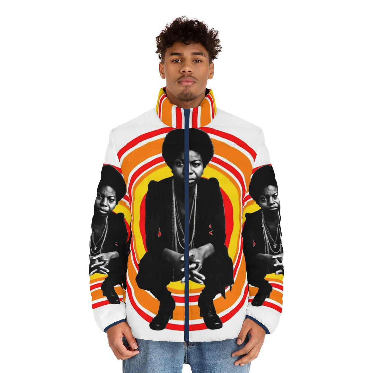 Retro puffer jacket featuring a portrait of jazz singer and pianist Nina Simone - men front