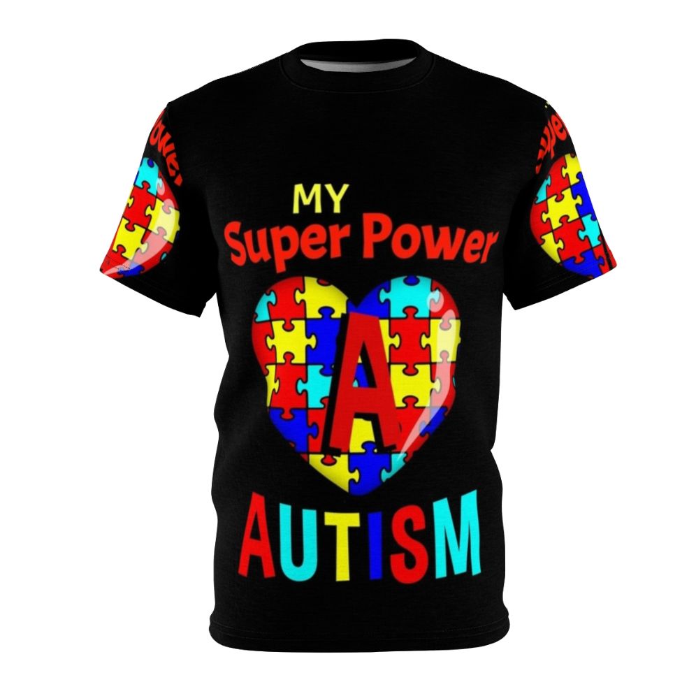 Autism superpower awareness t-shirt with puzzle pieces and heart design