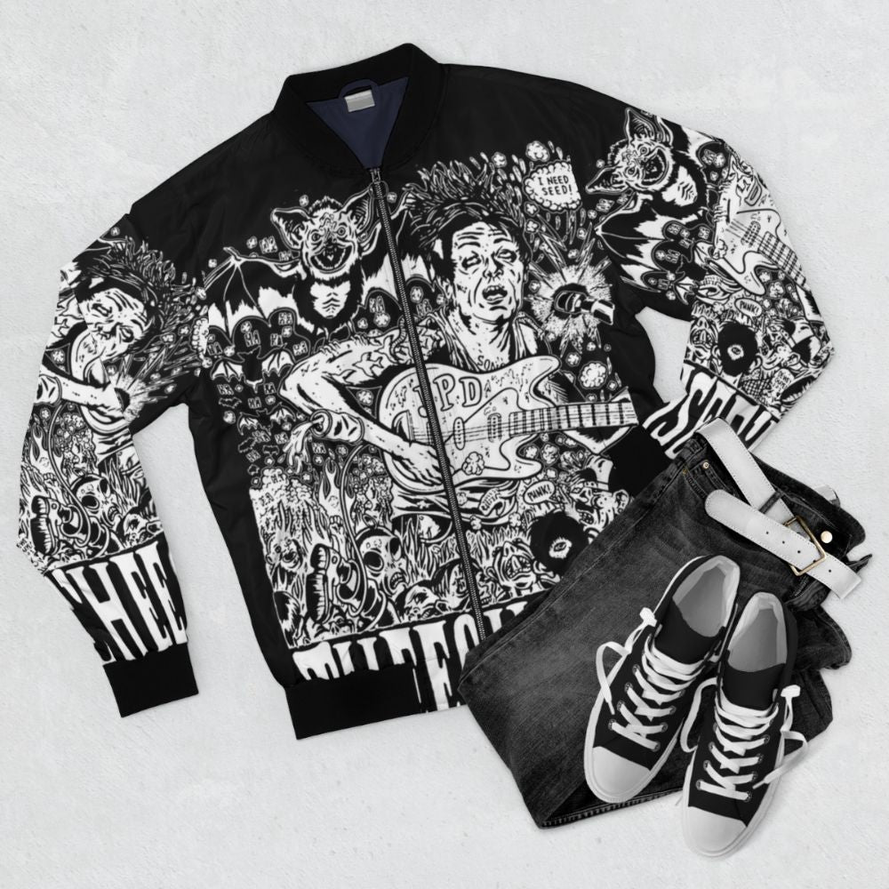 Thee Oh Sees Psychedelic Bomber Jacket featuring a trippy, groovy design - Flat lay