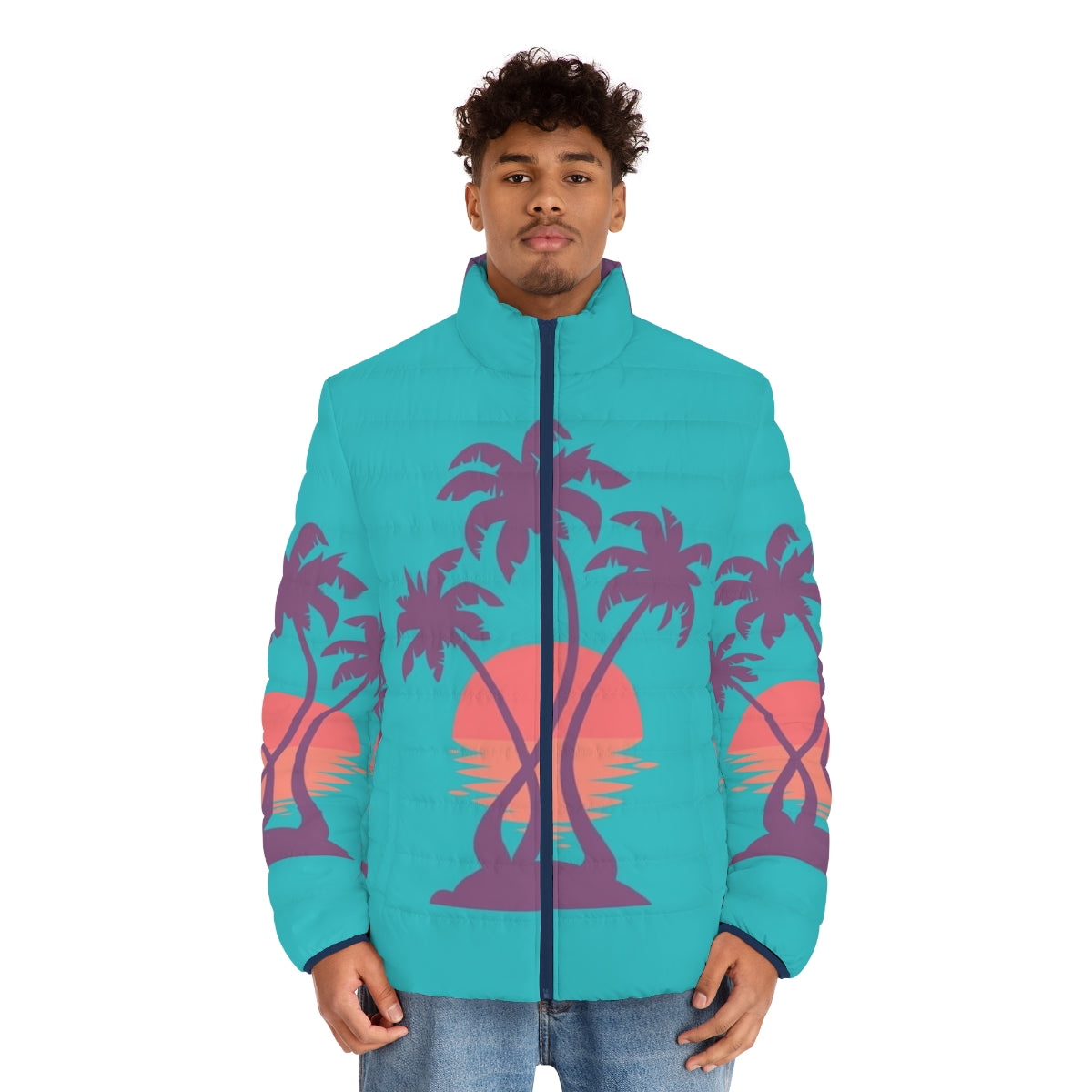 Puffer jacket with palm tree and tropical sunset design - men front