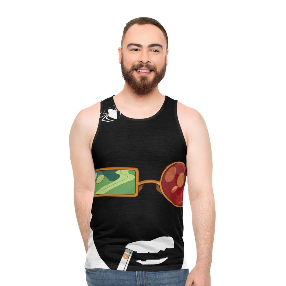 Spiderweb unisex tank top with comic art and smoke design - men