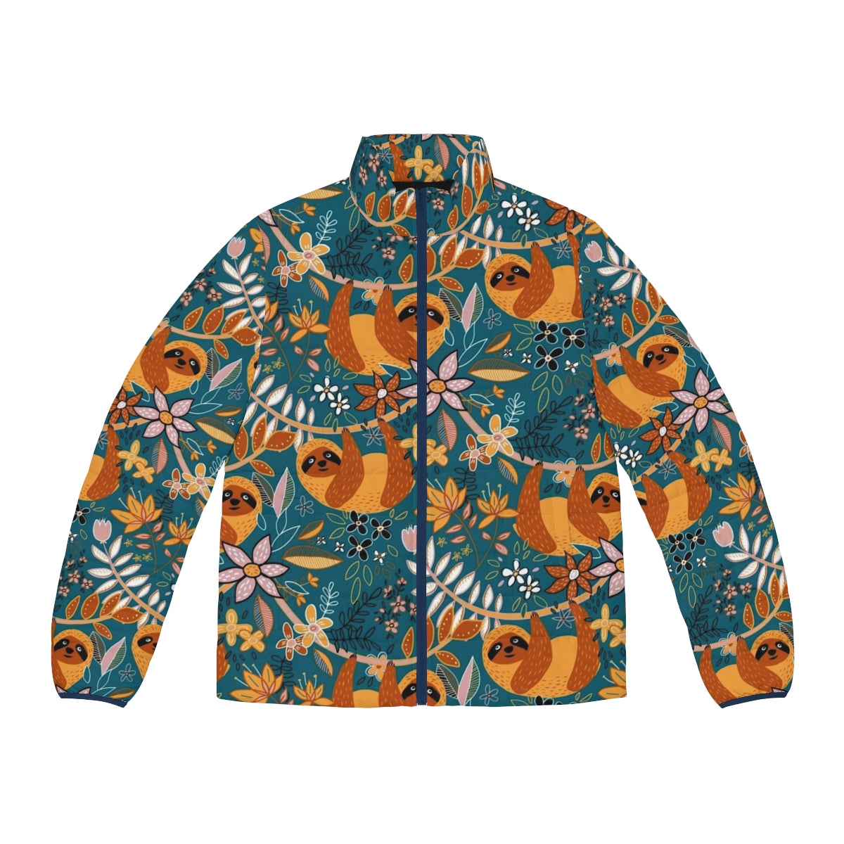 Boho Sloth Floral Puffer Jacket with a happy sloth and floral pattern in teal, orange, brown and blush colors