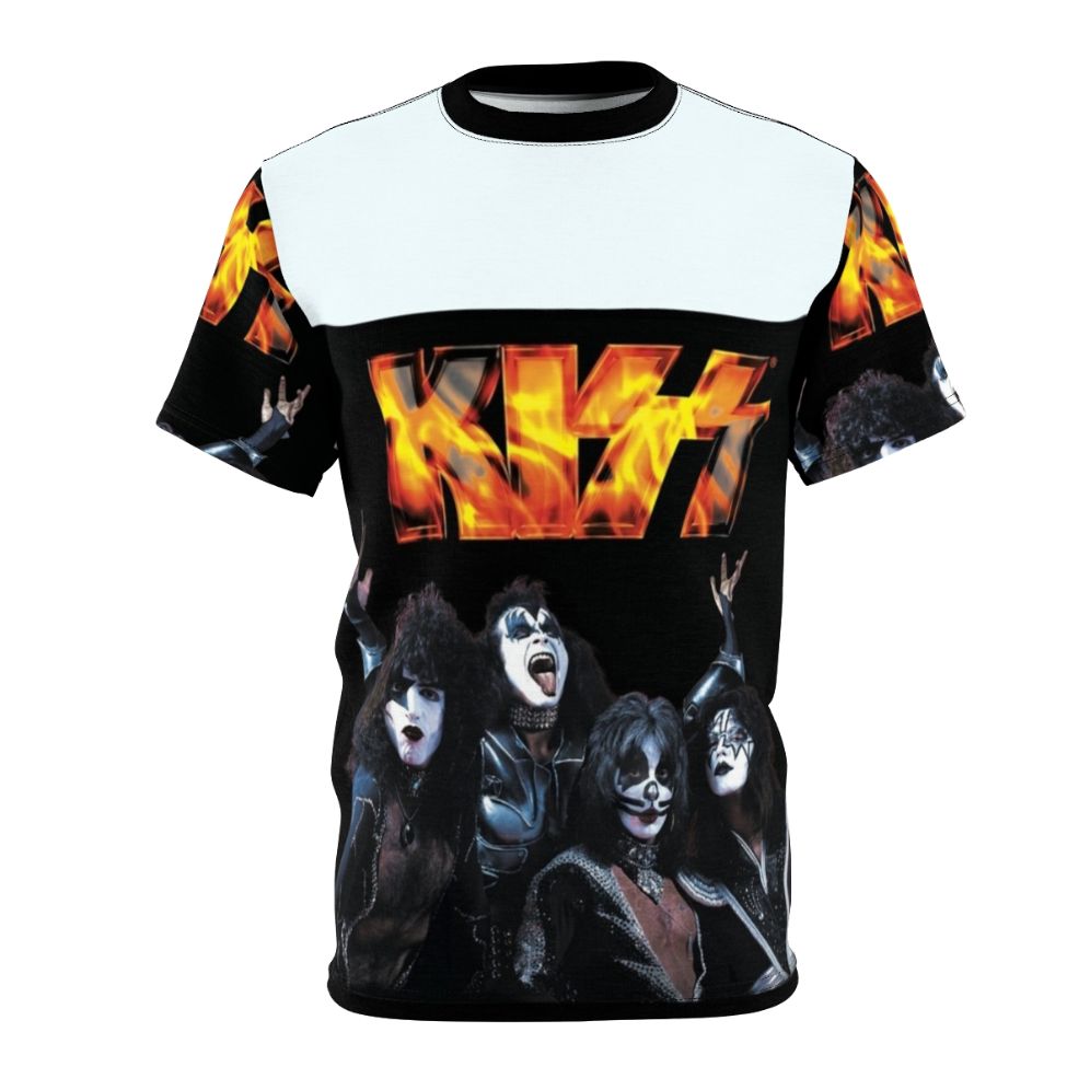 A stylish and vibrant T-shirt featuring a collage of KISS band members and imagery, capturing the energy and essence of the legendary glam metal group.