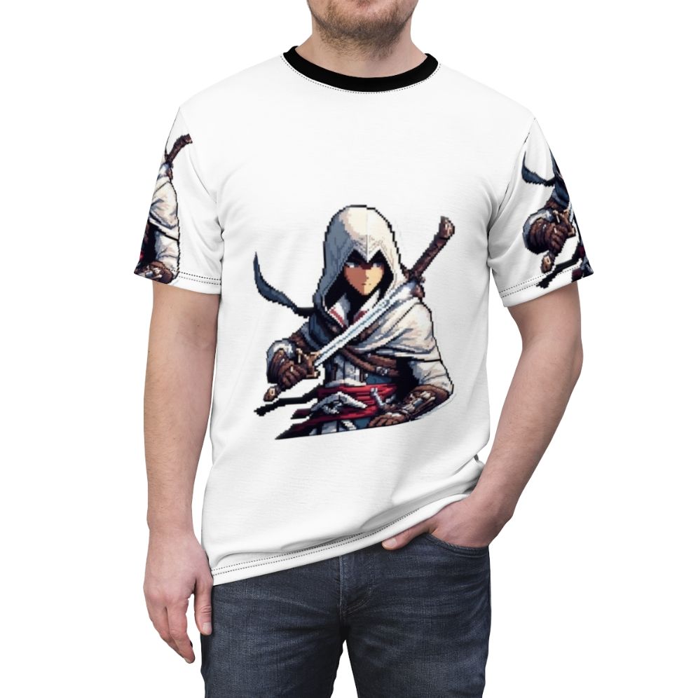 Pixel art design of an assassin character from the popular video game series, Assassin's Creed. - men front