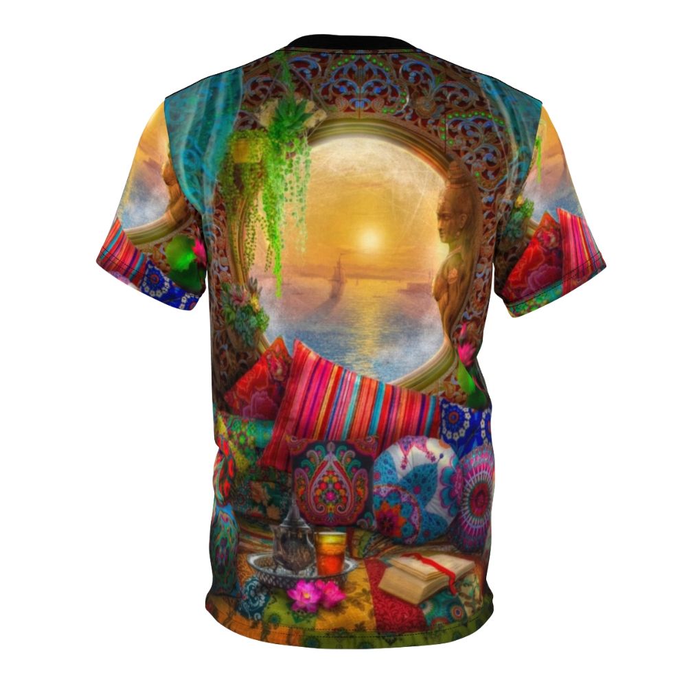 Vibrant all-over-print t-shirt featuring a bohemian-inspired oasis design with ocean, tea, and book elements. - Back