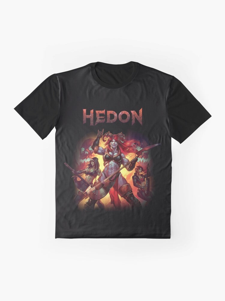 HEDON album cover art graphic t-shirt featuring fantasy characters and elements - Flat lay