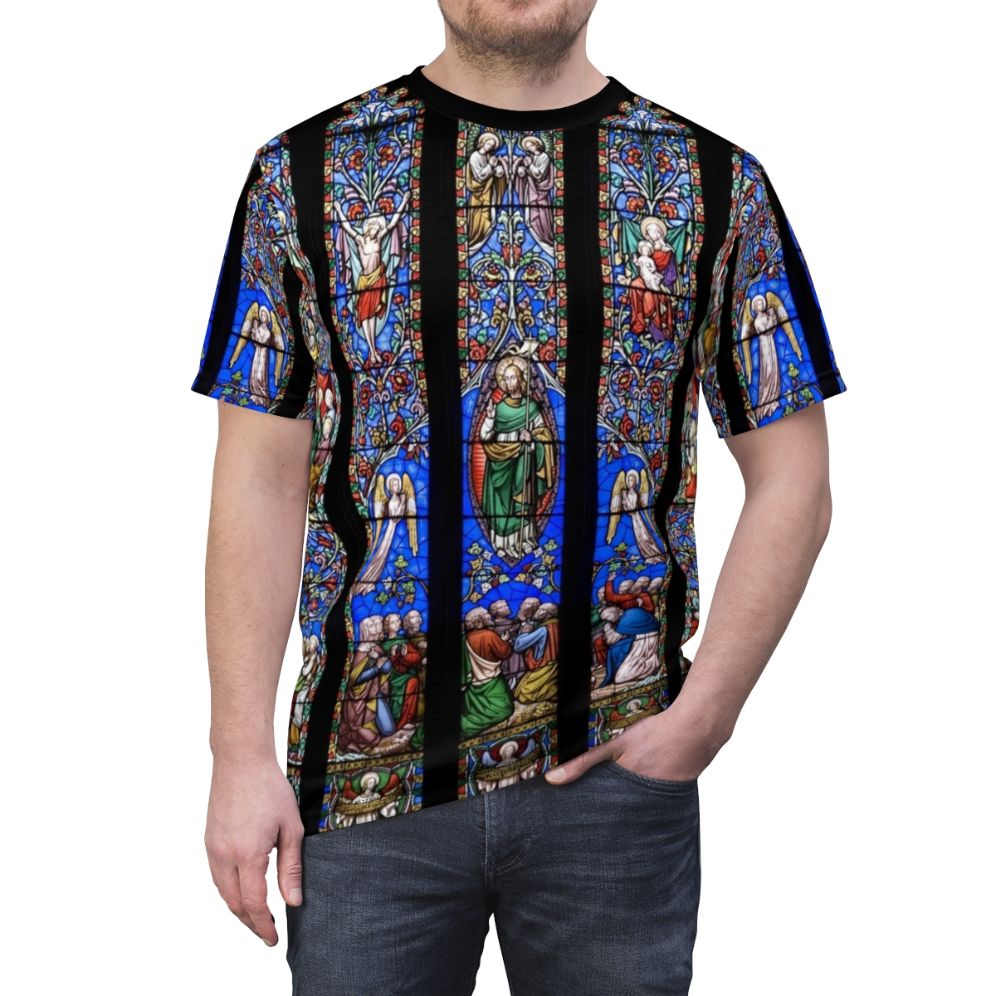 A high-quality t-shirt featuring a stunning design of a stained glass church window, perfect for those seeking faith-based fashion. - men front