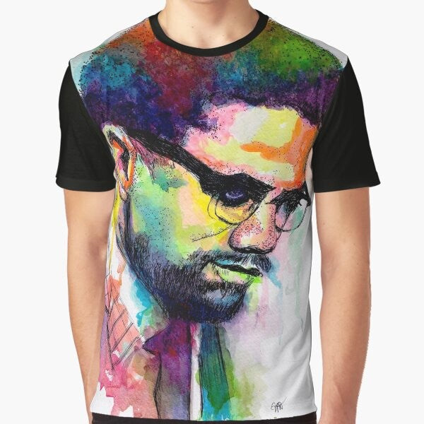 Man wearing a black t-shirt with a graphic design of Malcolm X, a prominent civil rights activist