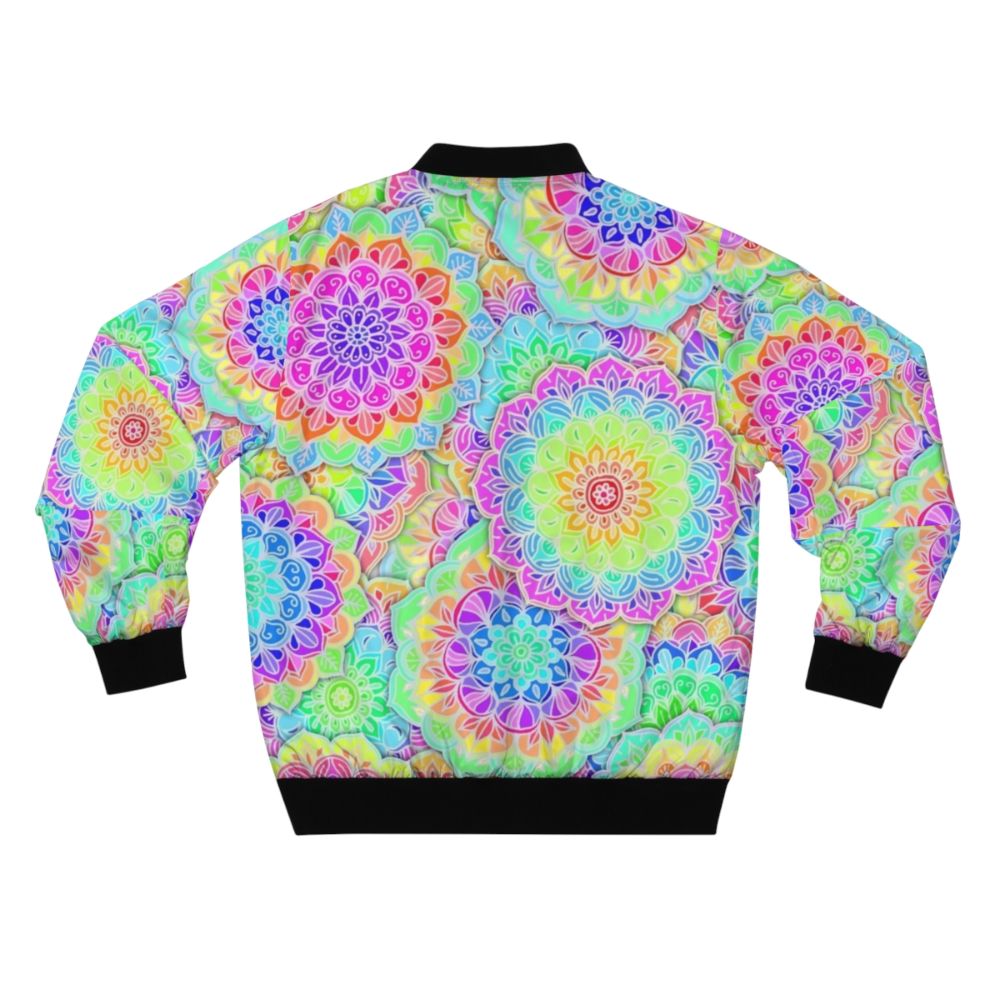 Psychedelic summer bomber jacket with boho mandala design in bright, colorful neon shades - Back