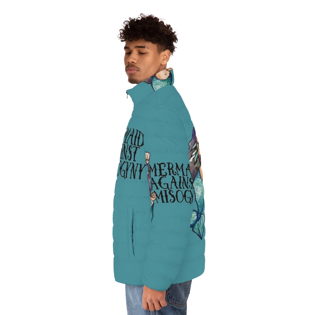 Mermaid themed feminist puffer jacket with a message of female empowerment - men side left