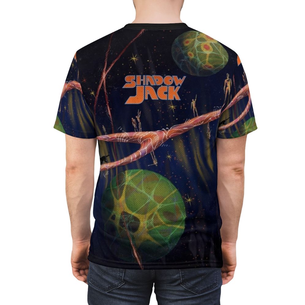 Psychedelic retro sci-fi inspired Shadowjack t-shirt featuring planets, stars, and space elements - men back