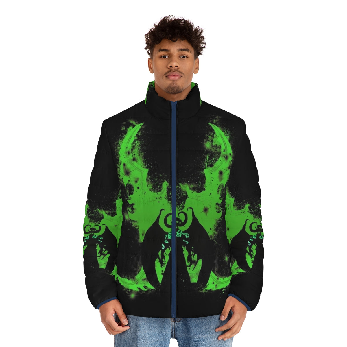 World of Warcraft Puffer Jacket, featuring Illidan Stormrage and the demon hunter class - men front